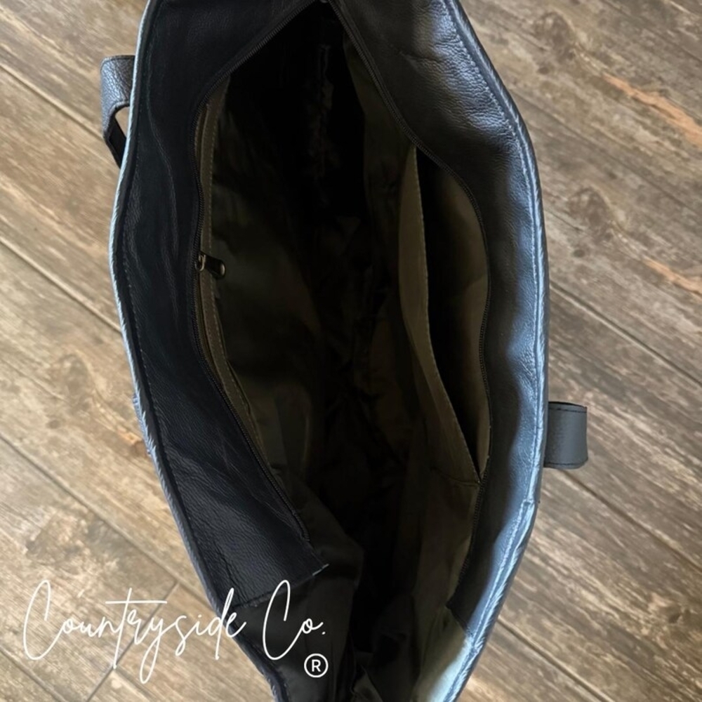 Geometric Leather Tote - Black, Brown, and White - Picture 3 of 6